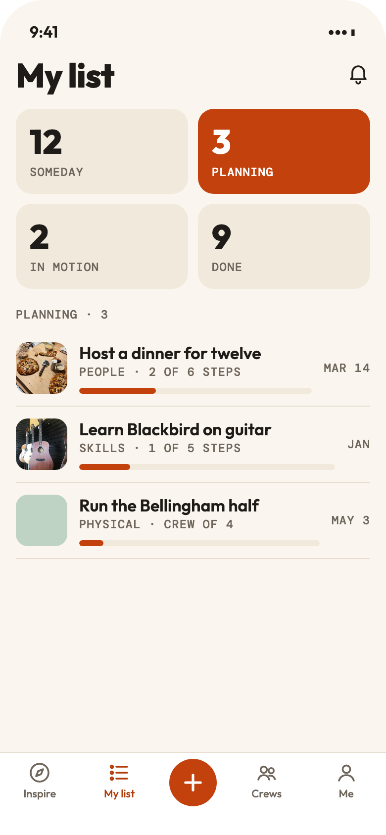 My list in doanyday, with items sorted into Someday, Planning, In motion and Done.