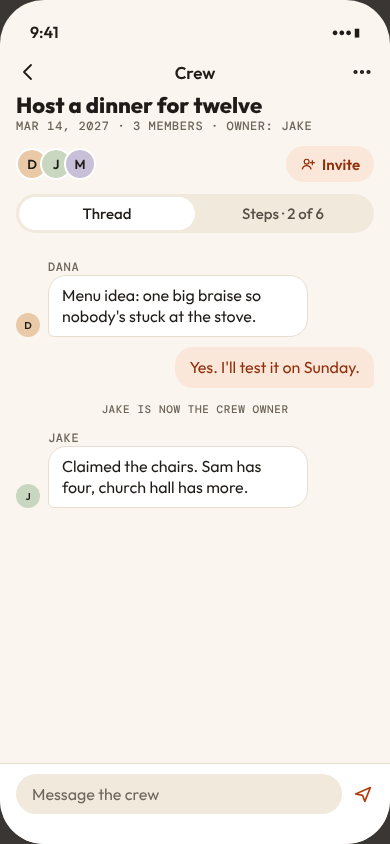 A crew screen with members, shared steps and a thread.
